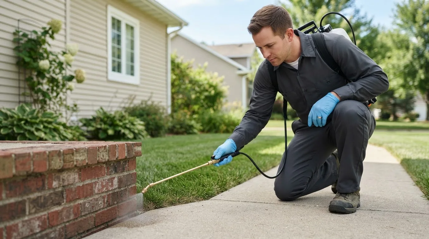 Pest control technician treating a home near Jeffersonville, IN